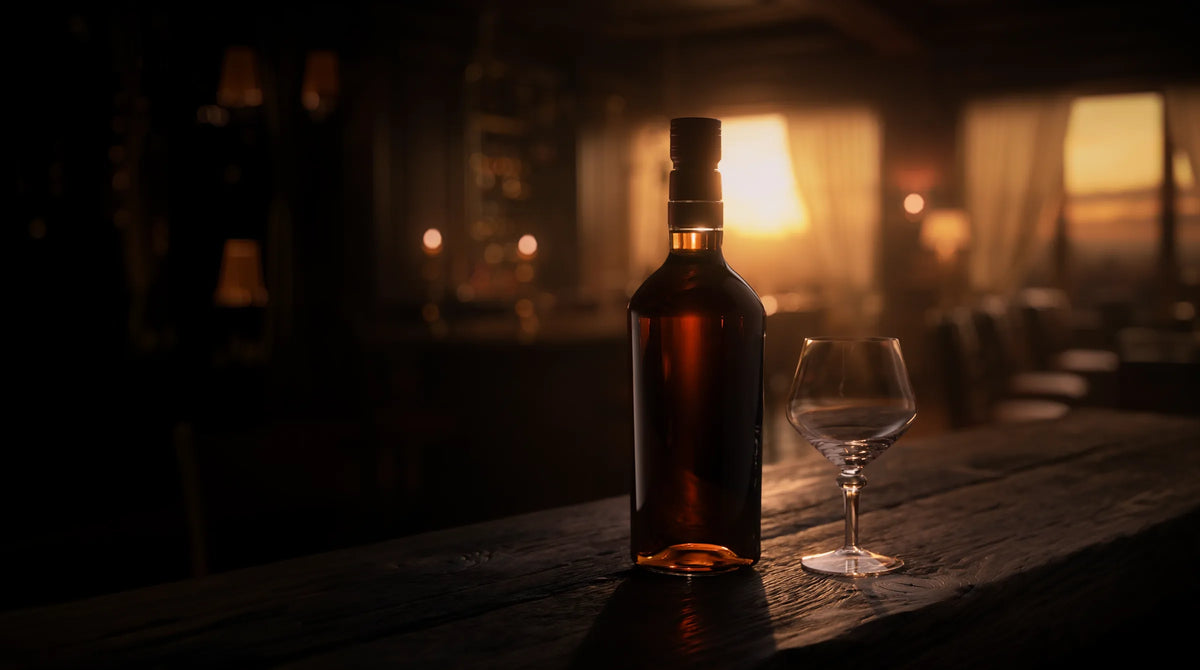 Rumflasche und Glas vor abendlichem Fenster